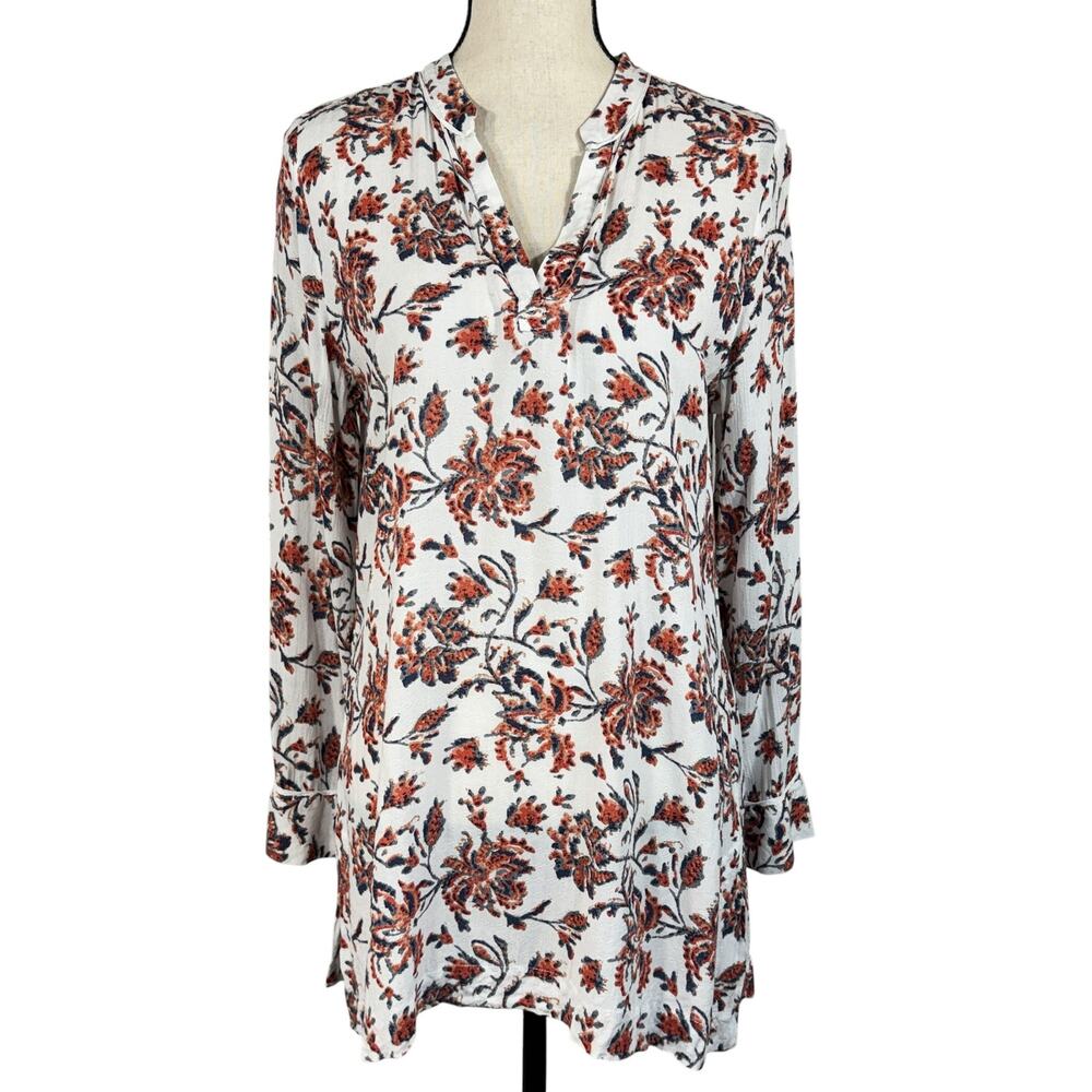 Soft Surroundings Medium Tunic Top Floral Semi-Sheer Slits Long Sleeves V-Neck